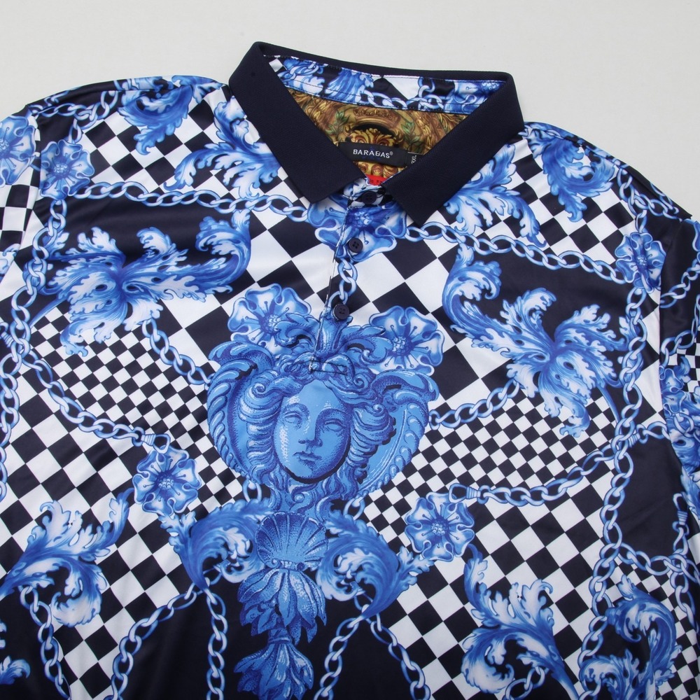 BARABAS Men's 3XL Classic Fit Medusa Baroque Chain Polo Shirt Blue White Black